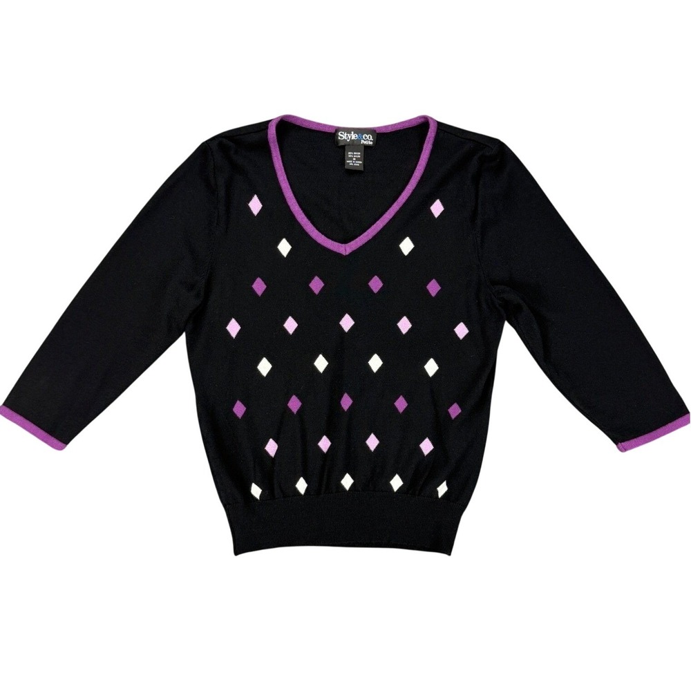 Style & Co Petite Womens M Black Purple V-Neck Sweater Diamond Argyle 3/4 Sleeve